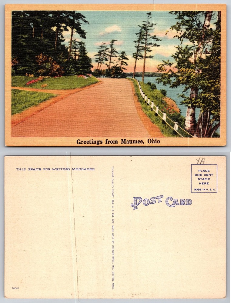 Greetings from Maumee, Ohio Scenic Road River Linen Postcard Tichnor