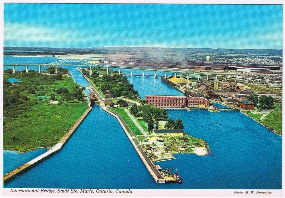 Postcard International Bridge Sault Ste Marie St Mary's River Ontario