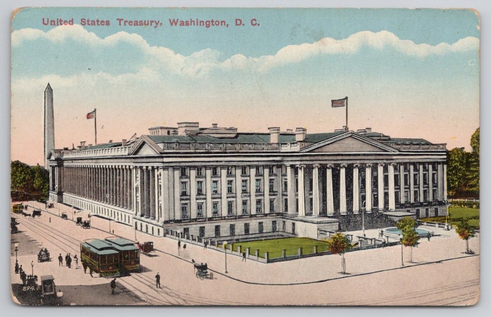 US Treasury Washington DC Postcard Washington Monument Trolley c.1910s