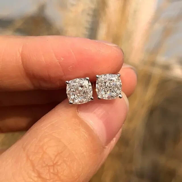 Women Solitaire Stud Earring 14k White Gold Plated Cushion Cut Simulated Diamond