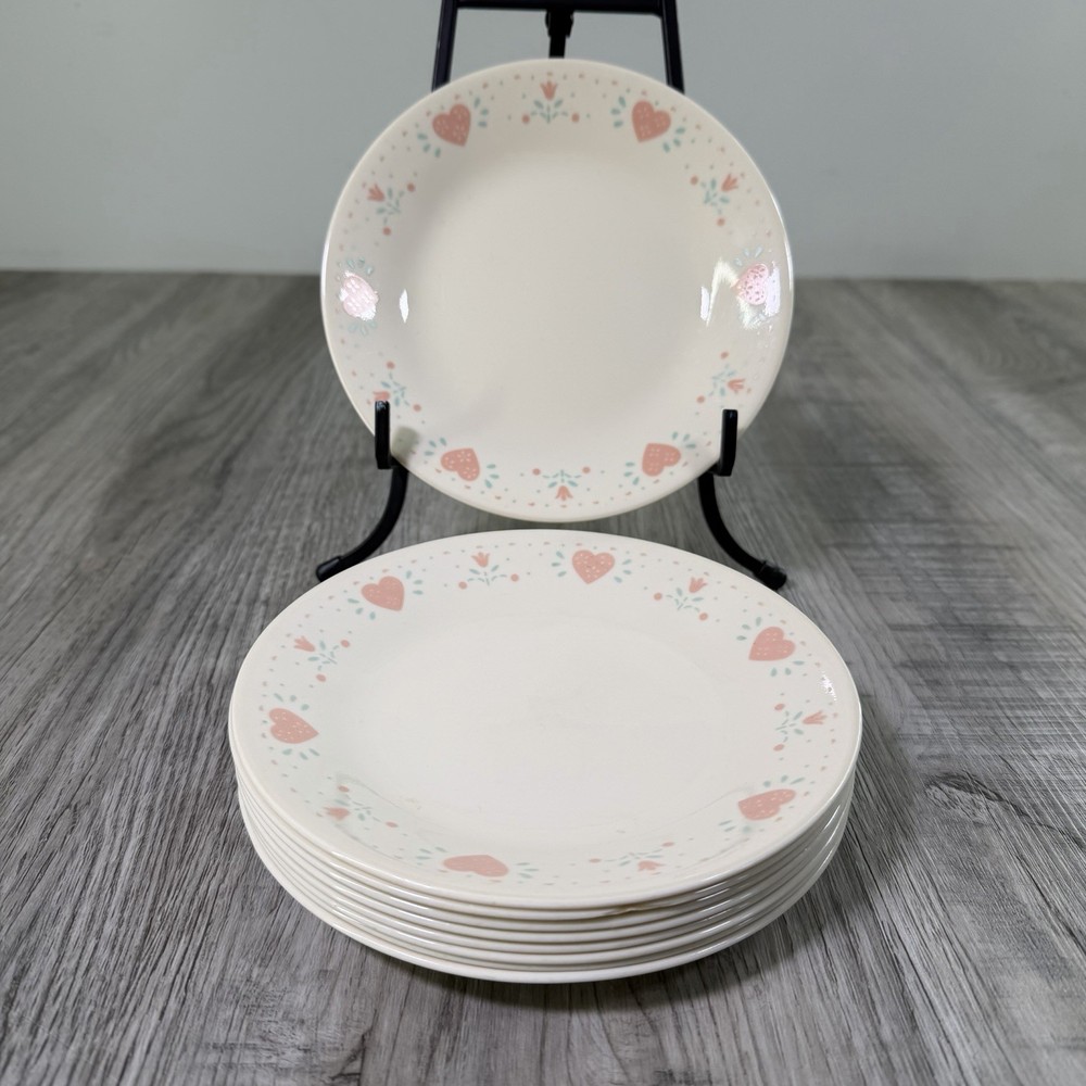 Set of 9 Corelle Forever Yours, Bread Butter Dessert Plate Pink Hearts 6 3/4
