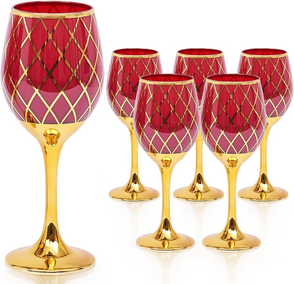 Red & Gold Wine Glasses Set of 6 Colored Stemmed & Rimmed Decorative Fancy Glass