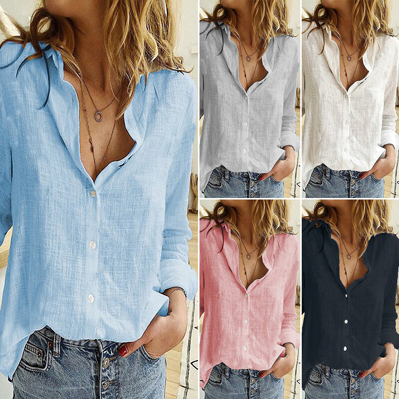 Women Cotton Linen Long Sleeve Button Down T-Shirt Loose Plus Casual Tops Blouse
