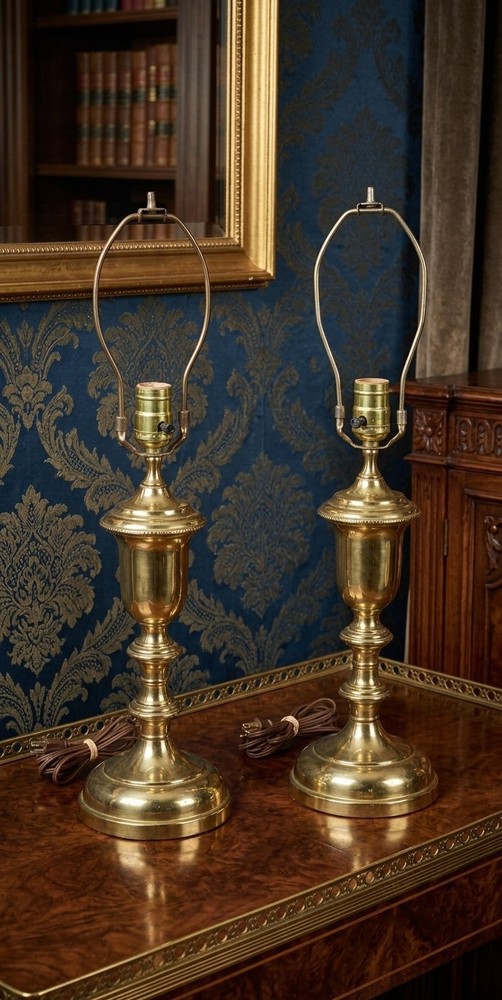 Pair Vintage Stiffel Brass Table Lamps Mid Century Hollywood Regency Urn Trophy