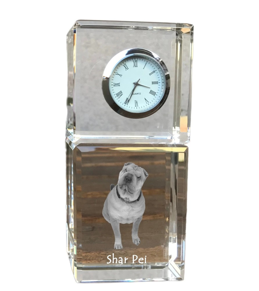 Shar Pei - Crystal Clock With Photo, Dog Image In Crystal, Personalized Writing