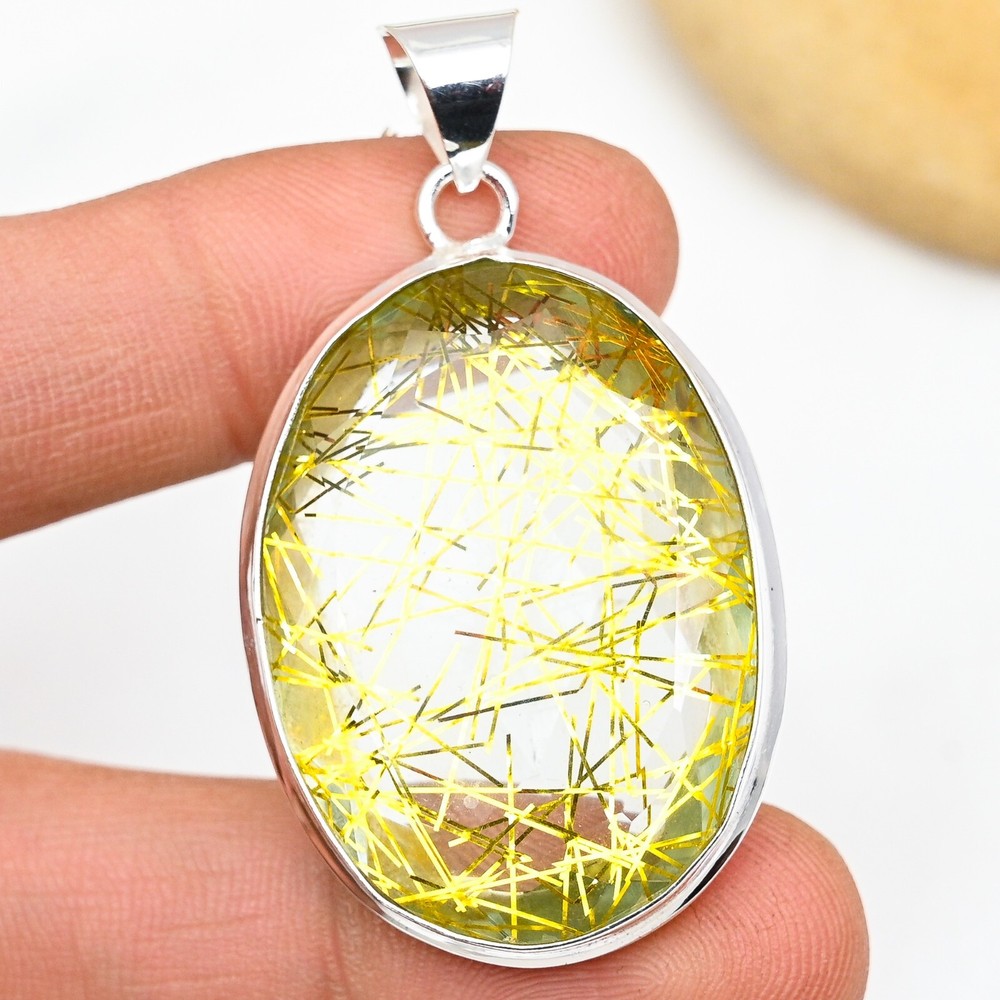 Natural Golden Rutile Gemstone Pendant 925 Sterling Silver Handmade Jewelry Gift