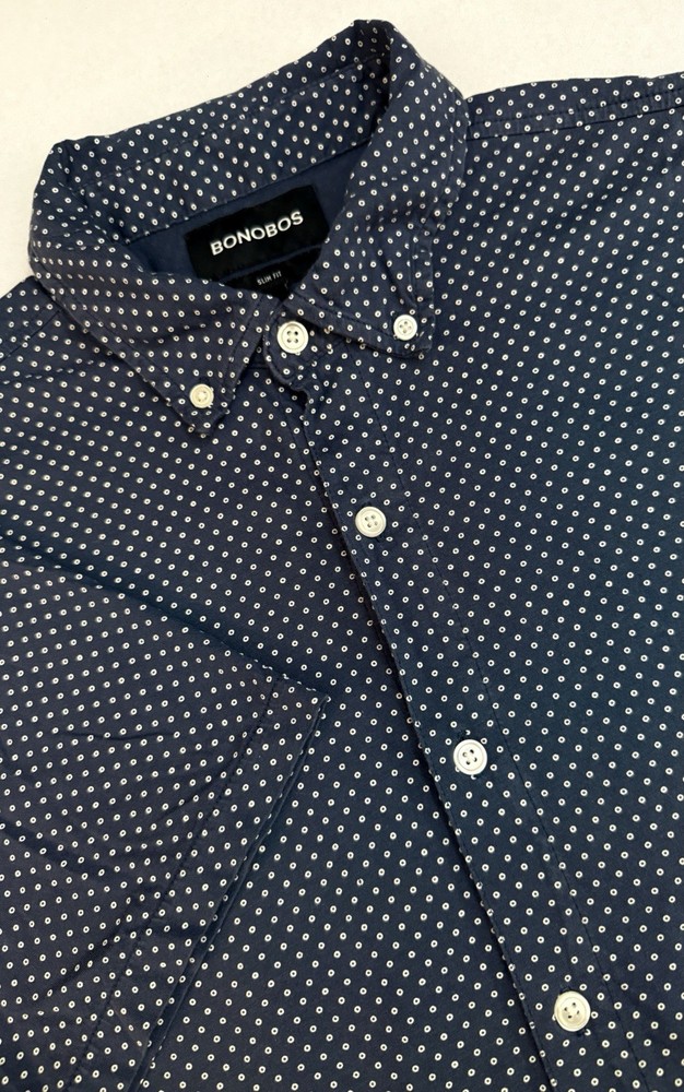 BONOBOS Shirt Mens L Pima Cotton Slim Fit Short Sleeve Button Down Casual Blue
