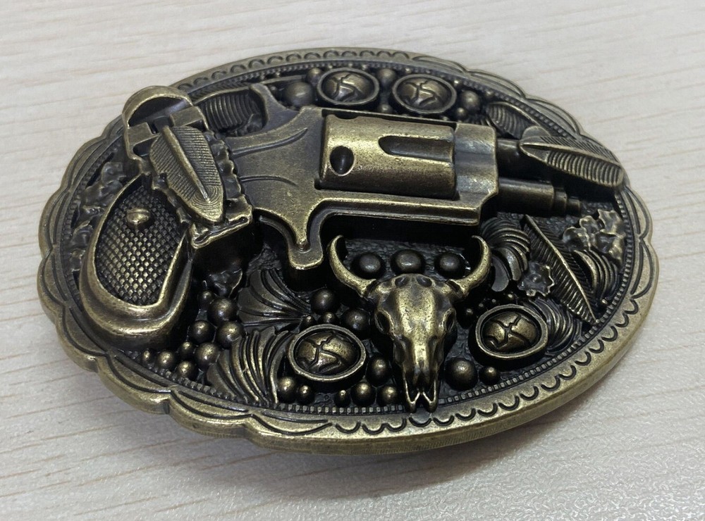 Western Belt Buckle for Men & Women Cowboy Rodeo Retro Wear - Gun and Bull Head