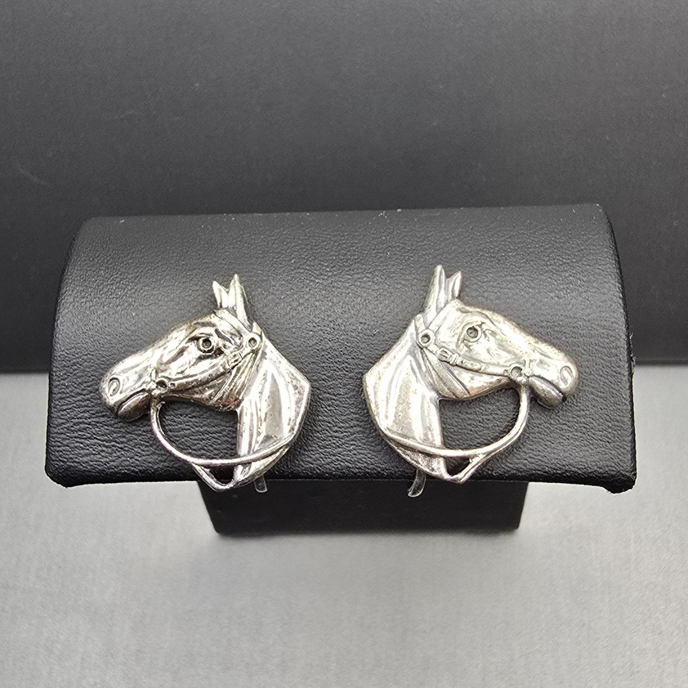 VTG Beau Sterling Silver Horse Head Screw Back Earrings .75