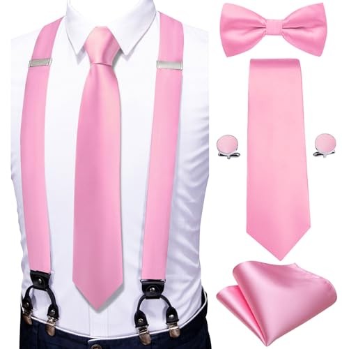 Men's Solid Cotton Linen Pre-Tied Bow Tie Set - Pink
