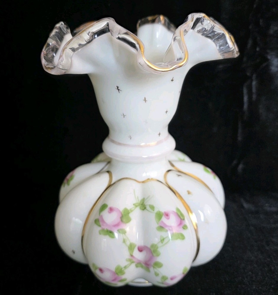 Fenton Hand Painted 1940's Charleton Roses Bow Tie Melon Vase Gold Rim 8