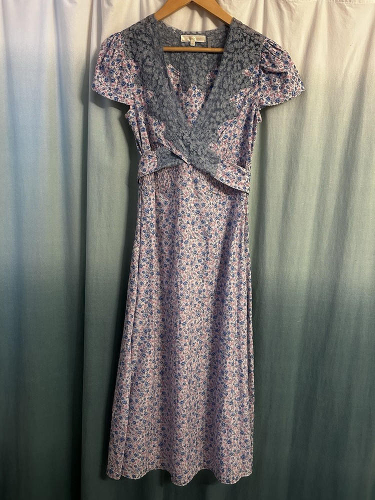LoveShackFancy Minuet Surplice Midi Dress Crushed Blueberries Pink Blue Floral 2
