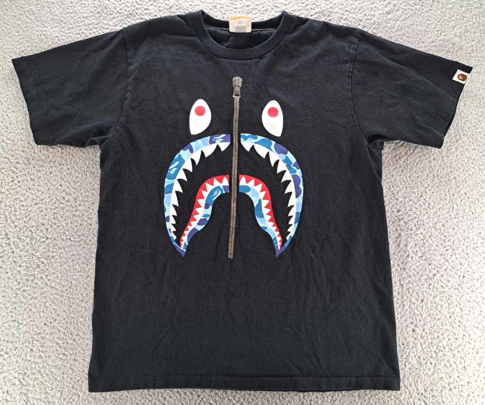 Bape A Bathing Ape Shark Zipper T-Shirt Mens Medium Black Camo Mouth Authentic