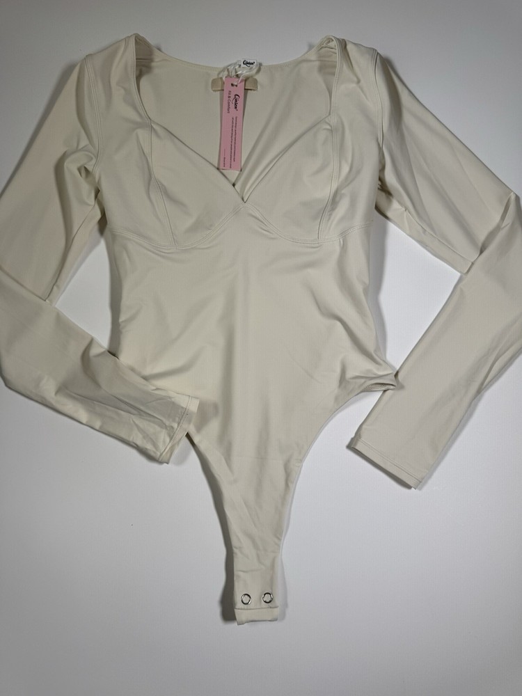 QINSEN Women's Long Sleeve Bodysuit V Neck Body Suits Seamed Cup Going Out Sz M