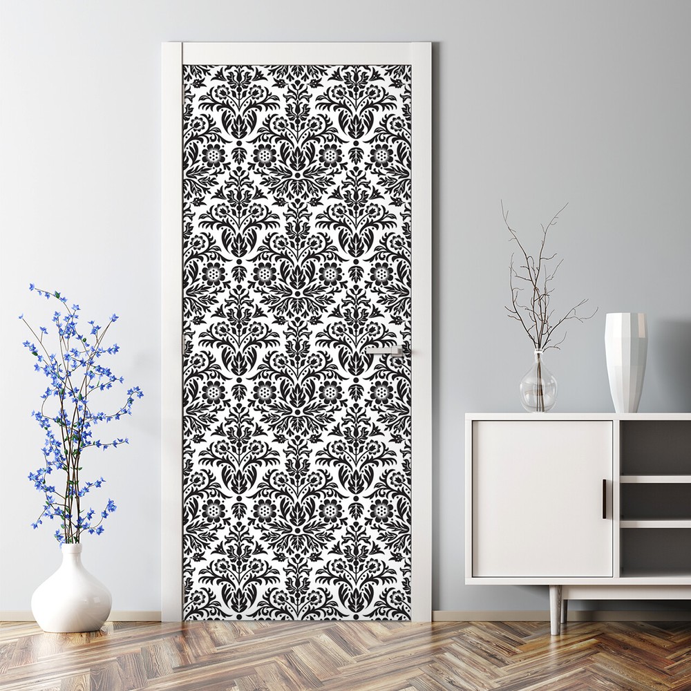 Damask Floral Bubble Free Door sticker black and white Decal Decor large