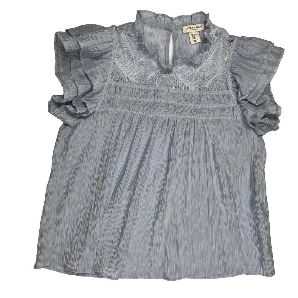 Laura Ashley Womens Babydoll Top Light Blue Ruffle Cap Sleeve Ruching Lace XL
