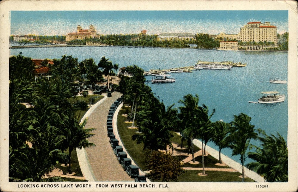 Lake Worth from West Palm Beach Florida FL ~ aerial 1930s cars boats ~ postcard
