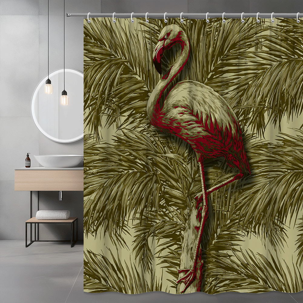 Flamingo Palm Leaf Print Shower Curtain Tropical Decor