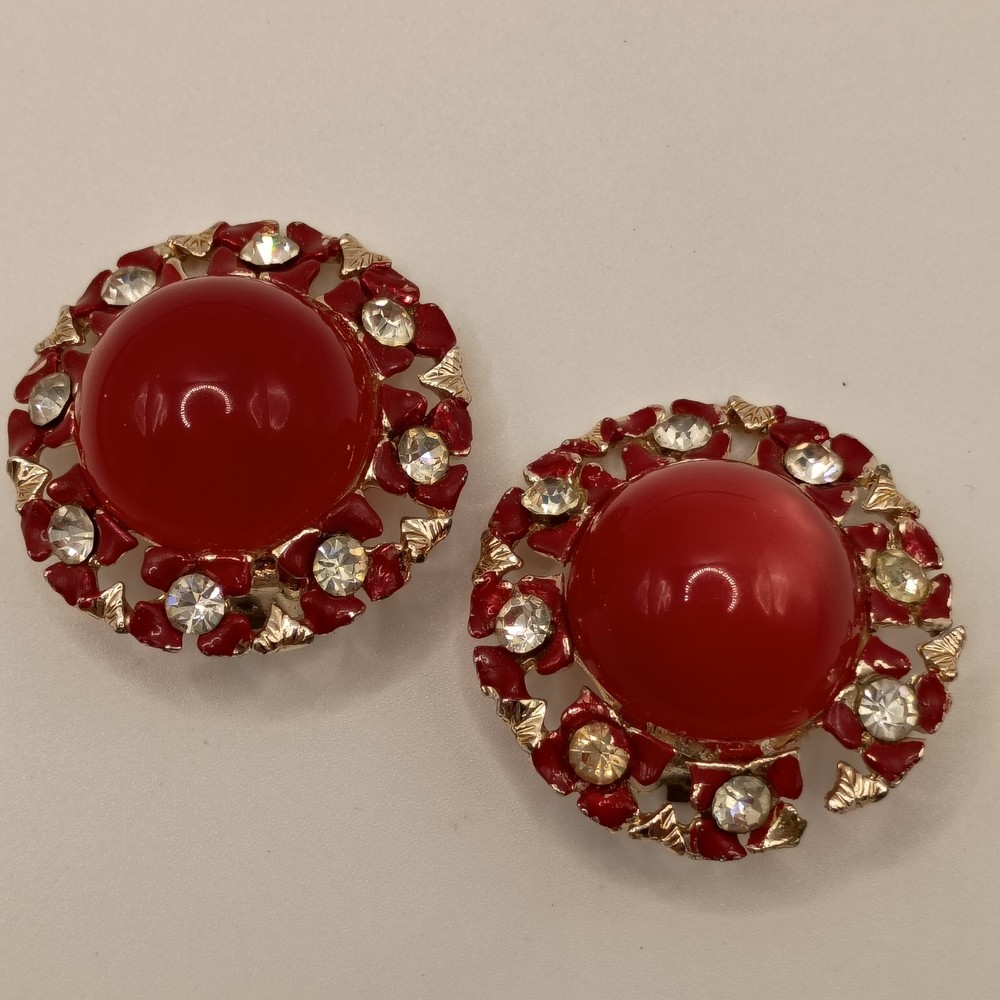 Vintage Rhinestone Moonglow Clip On Earrings Red Enamel Silver Tone MCM READ