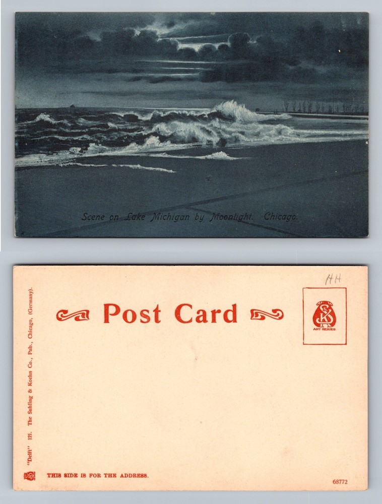 Chicago, IL-Illinois, Lake Michigan Moonlight Ocean Wave Scene Vintage Postcard