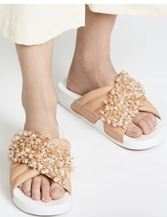 NEW Tory Burch Logan EMBELLISHED BEADS NATURAL TAN ROSE LEATHER SLIDE SANDALS