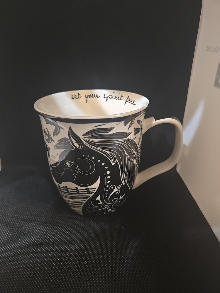 KARMA 16 oz HORSE- Set Your Spirit Free - Cup - Coffee Mug - Black & White