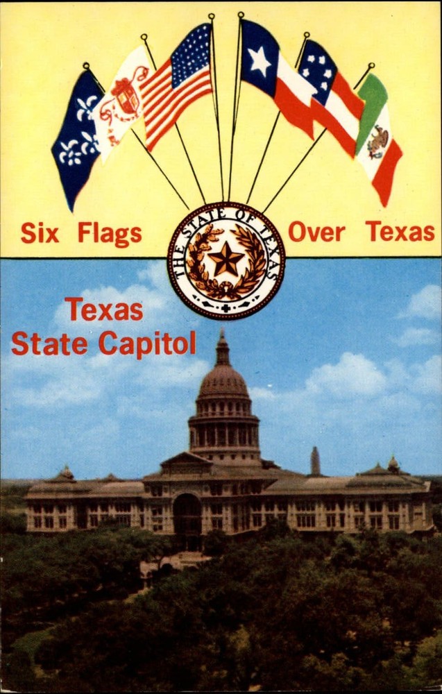 Six Flags Over Texas ~ State Capitol & Seal Austin TX ~ pink granite ~ postcard