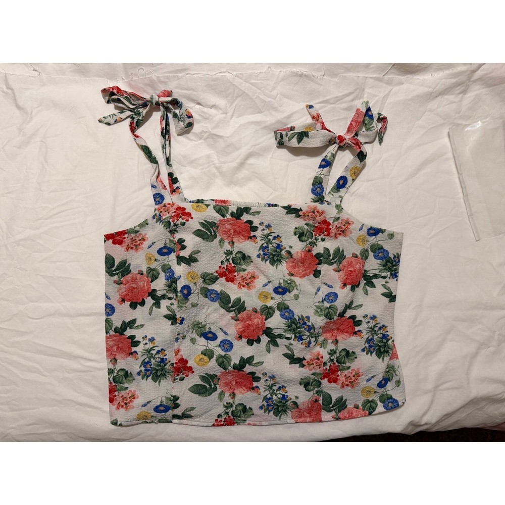 Old Navy Womens Floral Smocked Cami Tank Top Tie Straps White XXL Cropped Boho
