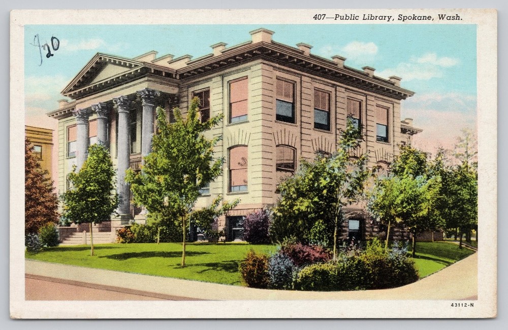 Vintage Linen Postcard Public Library Spokane Washington 1930s
