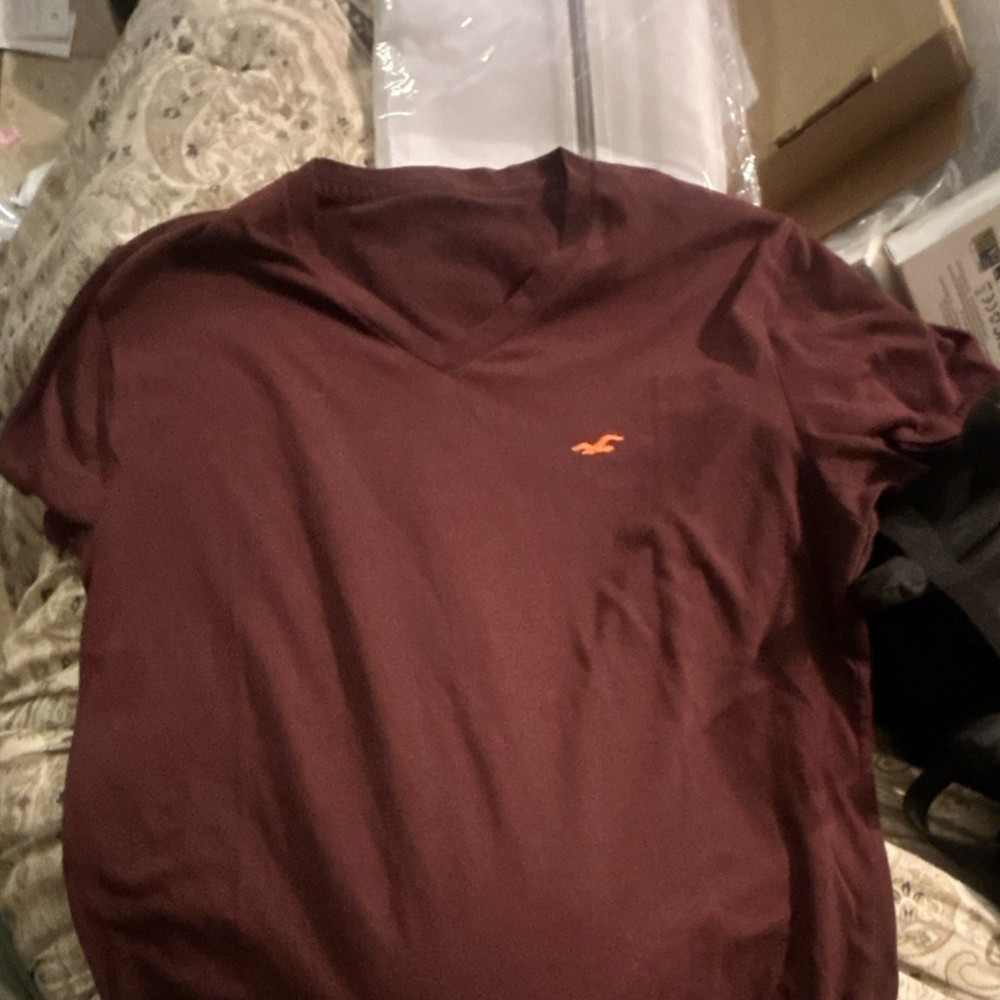 Hollister Men's Burgundy V-Neck Short Sleeve Logo T-Shirt Cotton Knit