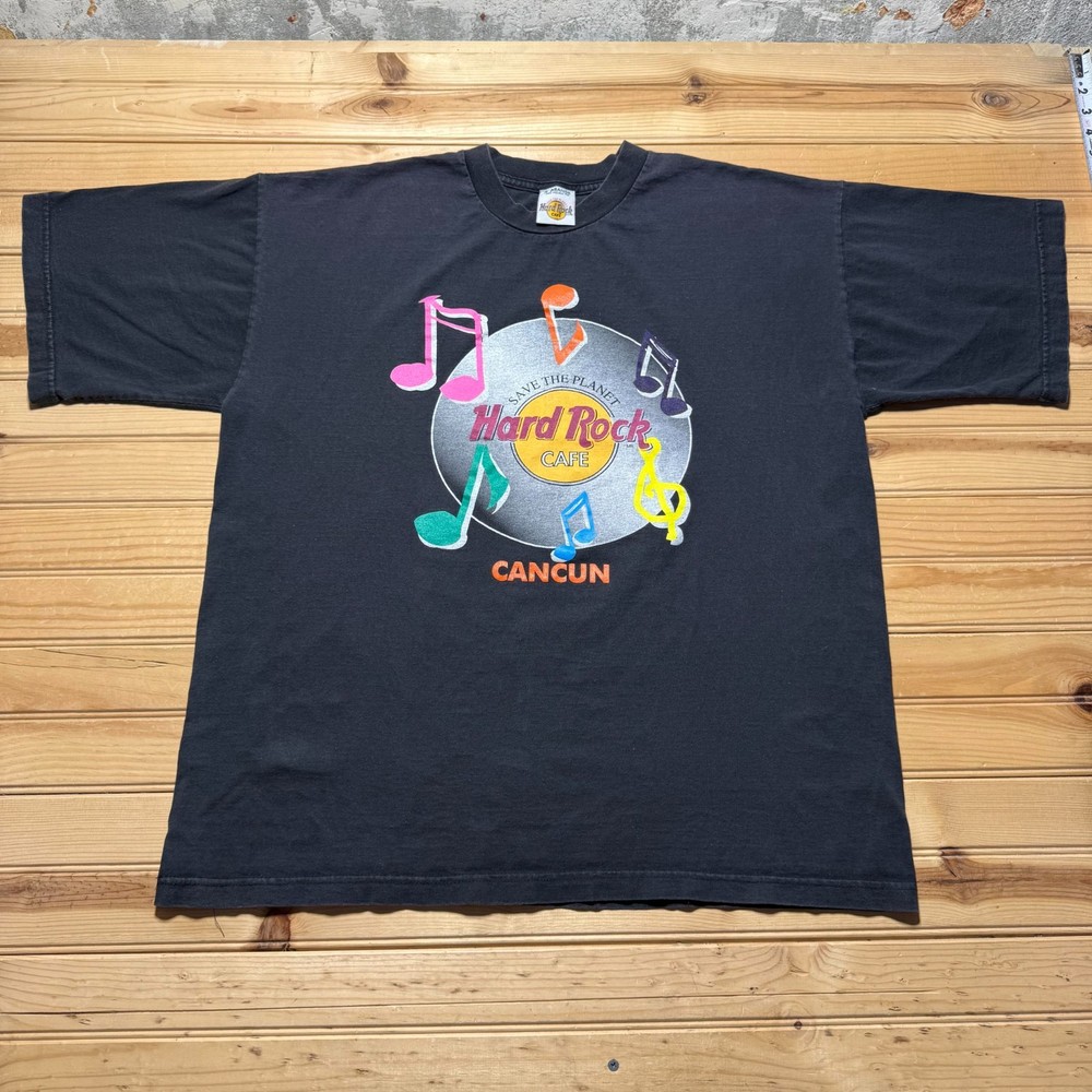 Vintage 90s Hard Rock Cafe Cancun Mexico Music Notes Record Souvenir T-Shirt XL