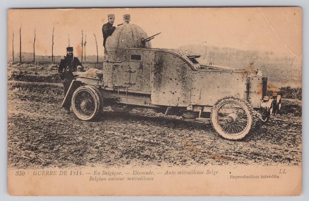 WWI Belgian Armored Car Autocar Mitrailleuse Dixmude Belgium Postcard 1914