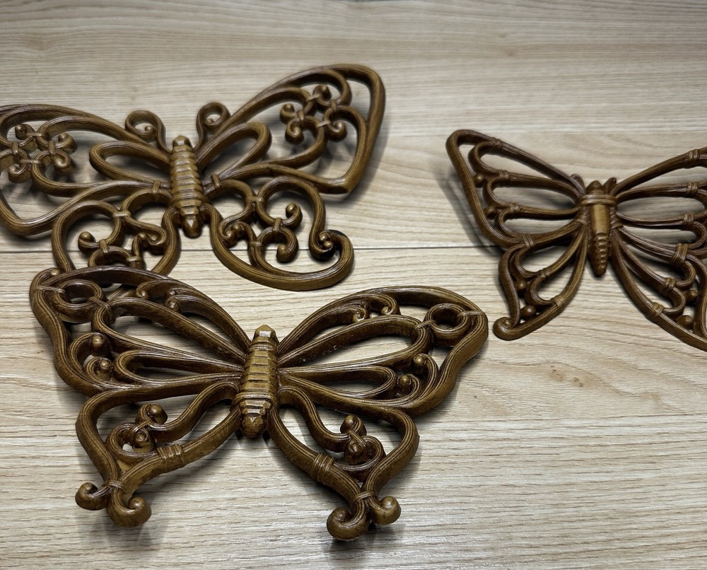Vintage HOMCO 7537 Syroco Butterfly Faux Wood Wicker Wall Decor Set of 3 MCM