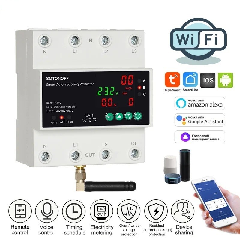 Tuya WiFi 3-Phase 4P 100A Auto Reclosing Over/Under Voltage Protector Smart Time