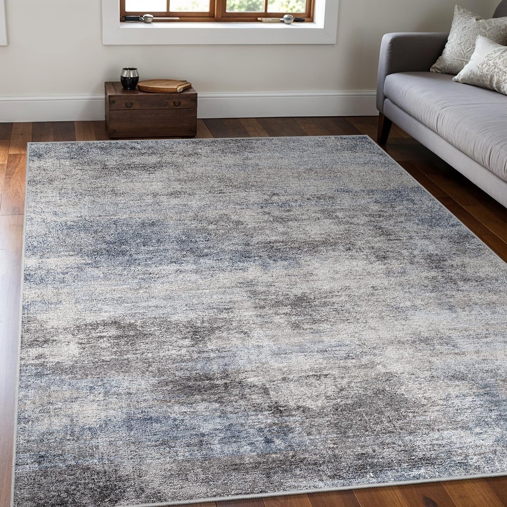 5x7 Washable Abstract Area Rug Blue Grey