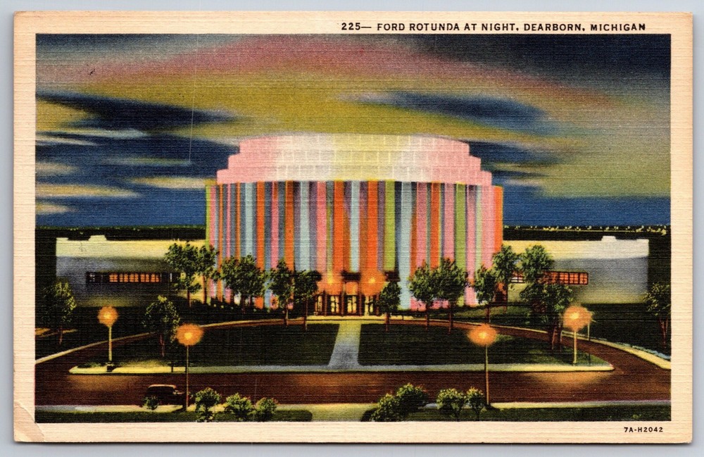 Dearborn Michigan~Ford Rotunda Bldg Seen @ Night~PM 1946~Vintage Linen Postcard