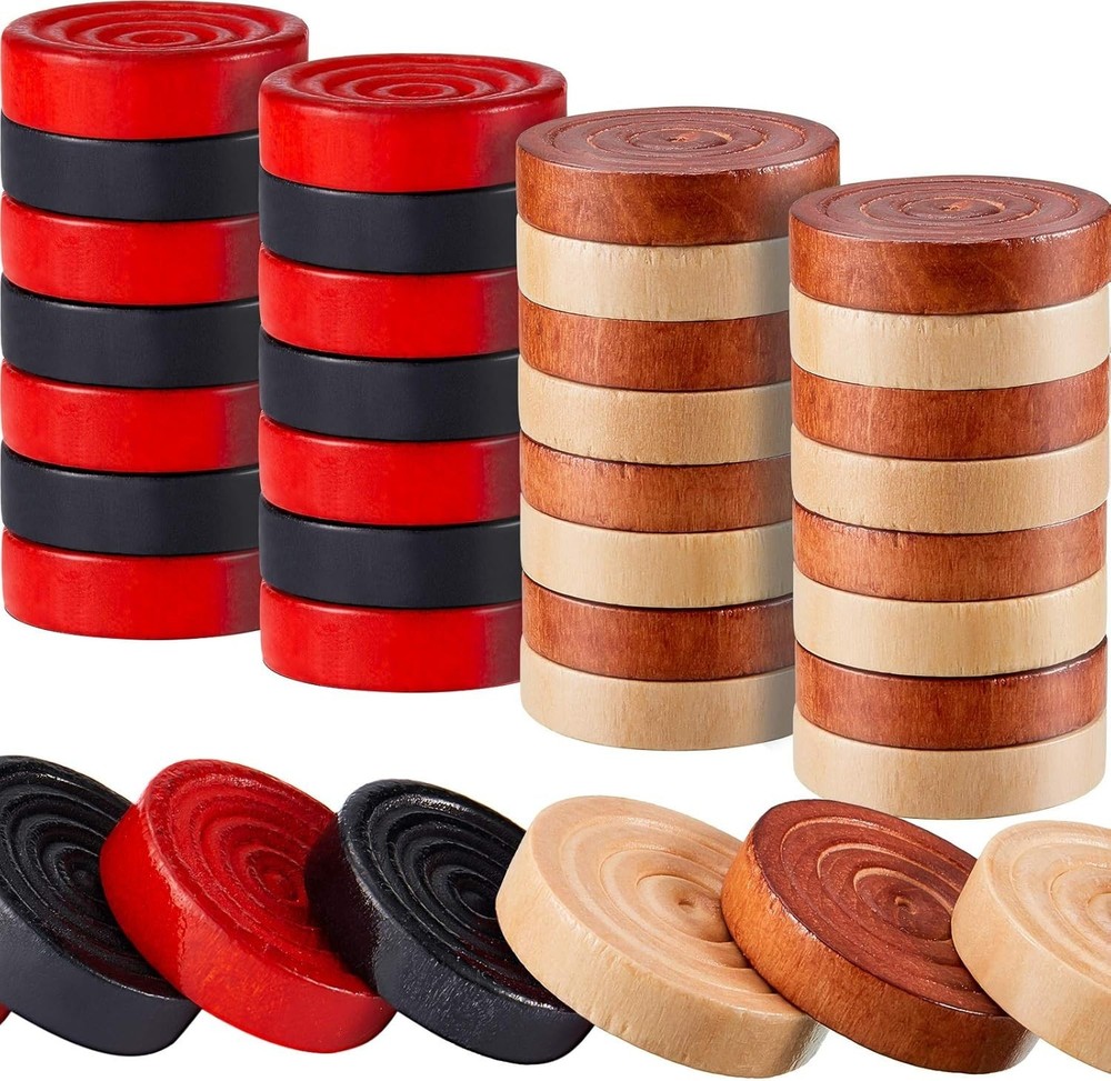 48 Pieces Wooden Checkers 1.06 Inch Wooden Checkers Pieces with Stackable Ridge