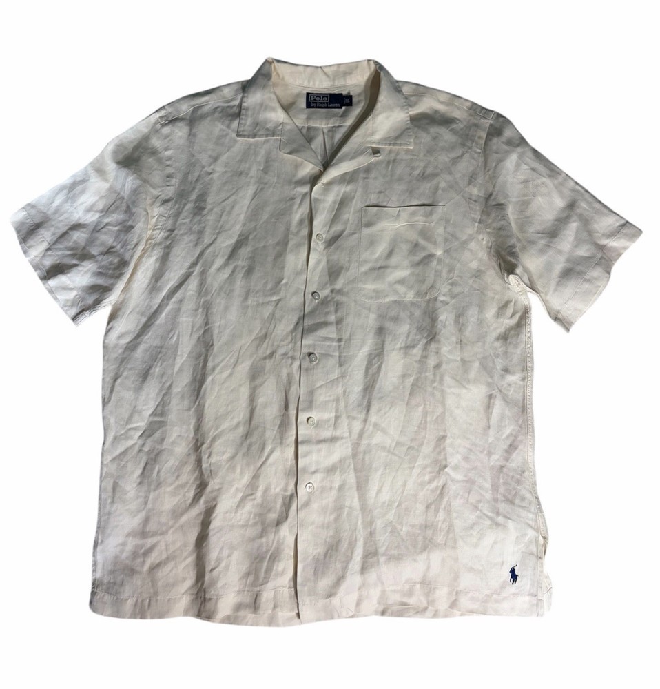Polo Ralph Lauren Shirt Mens Large White Solid Linen Blend Loop Collar Vintage