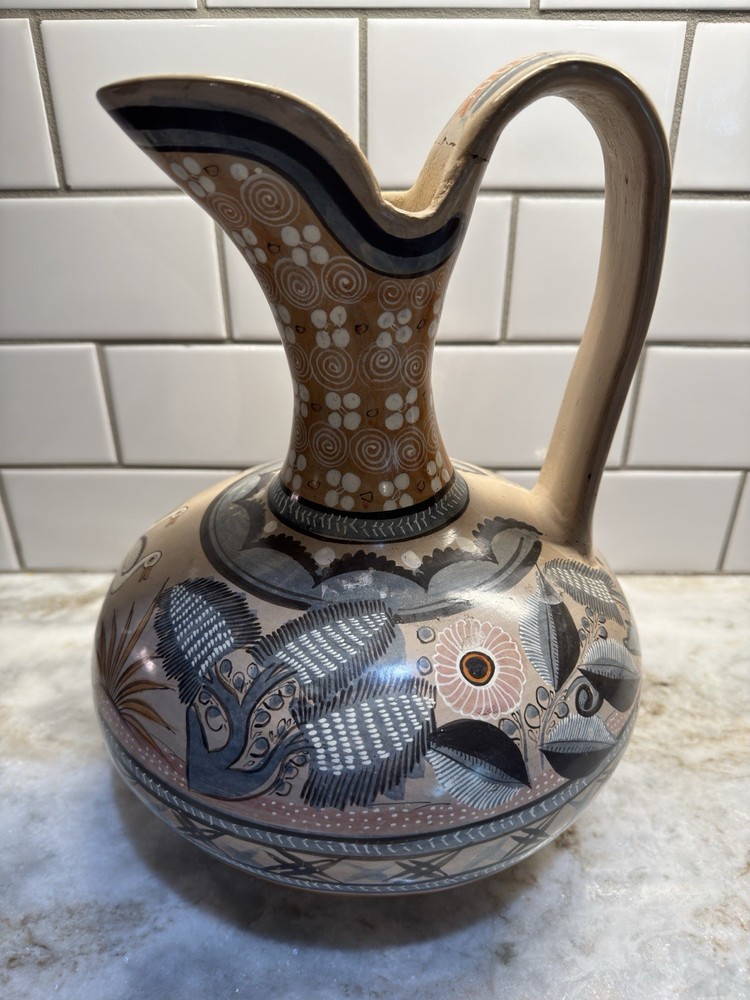 Vintage Tonala Mexican Pottery Pitcher Bird Floral Folk Art 11