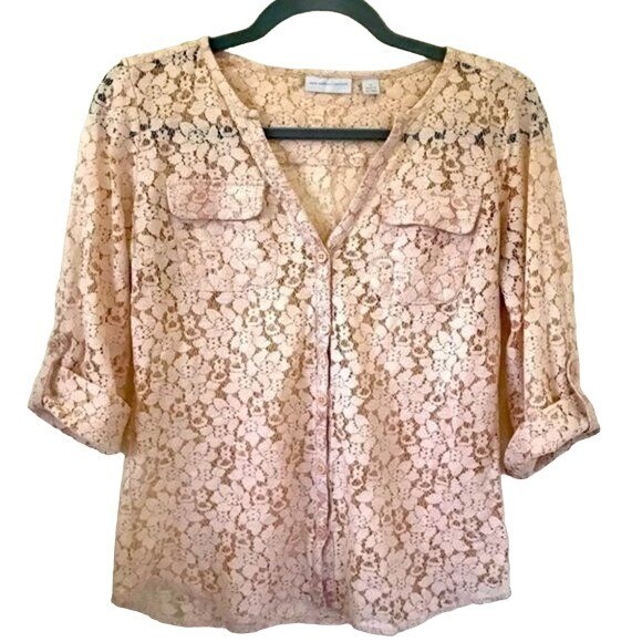 New York & Company Womens Blush Pink Floral Lace Button-Up Blouse Size XS Spring