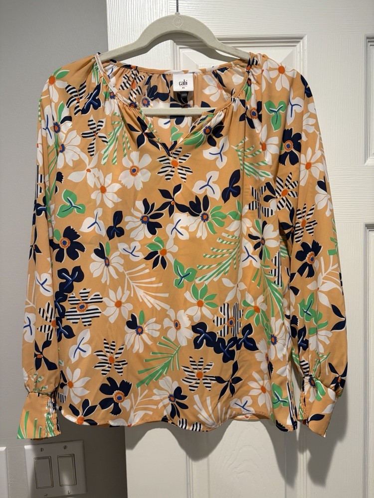 CAbi Women's Tan Floral V-Neck Pullover Long Sleeve Blouse XS