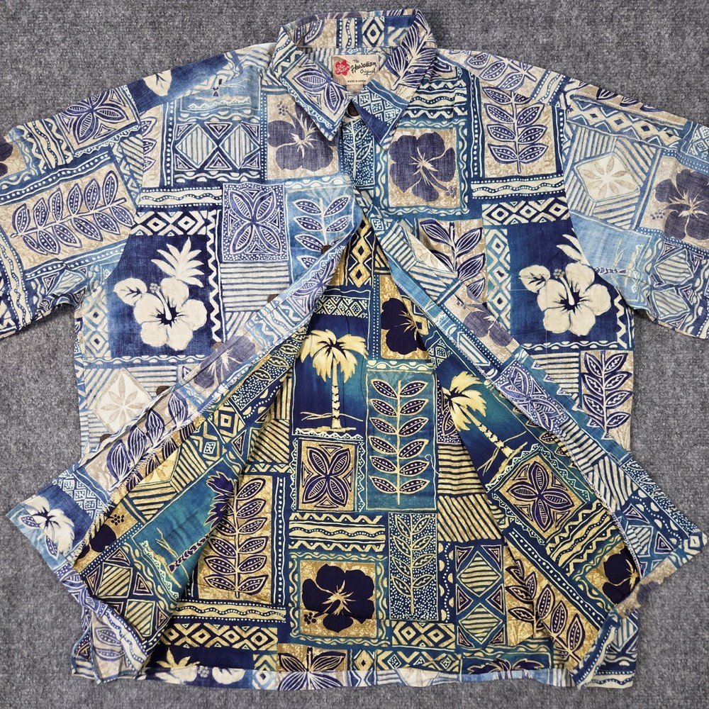 Hilo Hattie Hawaiian Shirt Mens XL Floral Abstract Palm Blue Beige Reverse Print-image