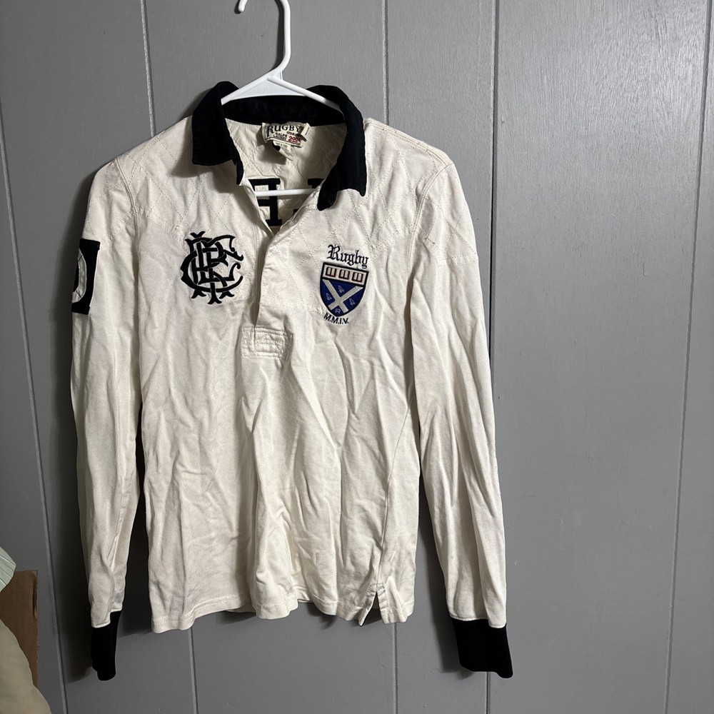Rugby women size M Long Sleeve Polo Shirt White w/ Black Collar Button Emb Logo