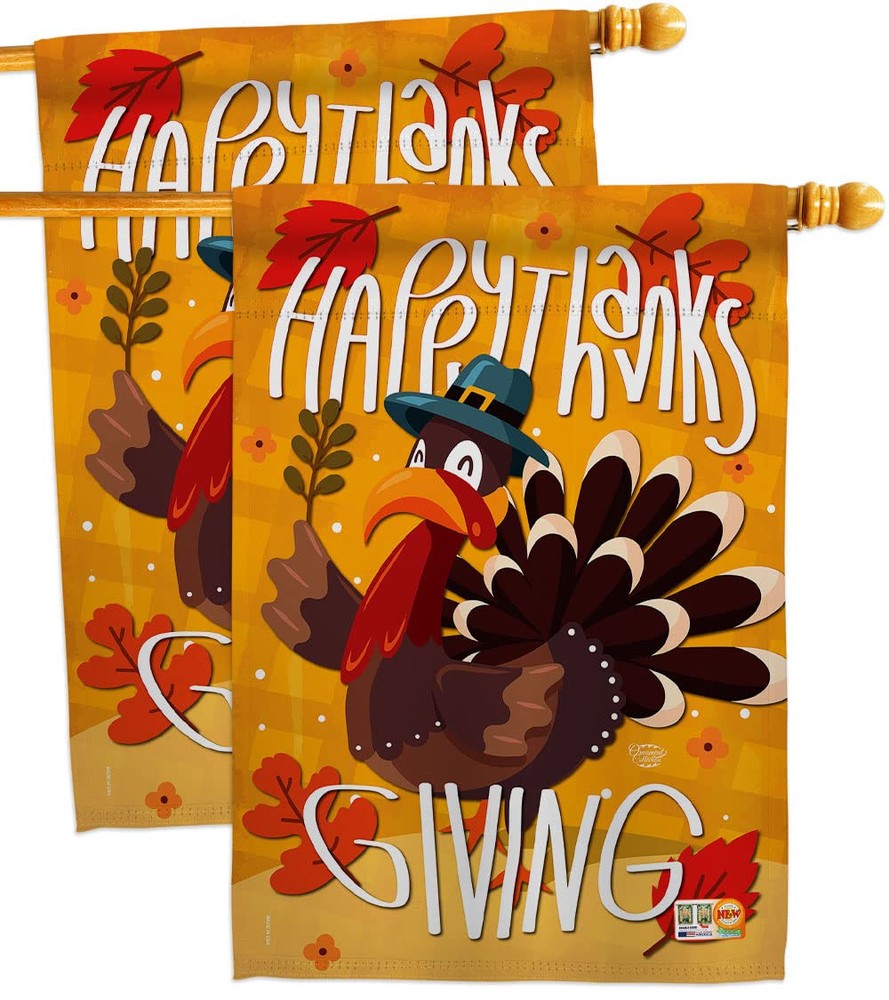 Thanksgiving Turkey House Flag 2-Pack Fall Decor Give Thanks Gobble Pumpkin