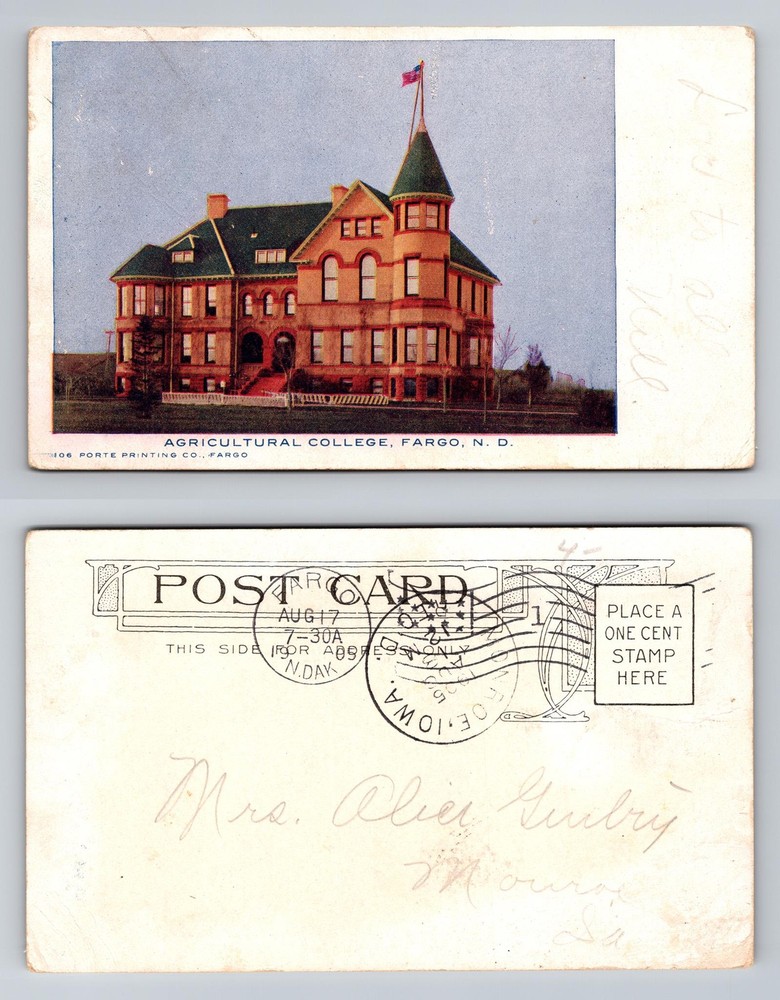 Fargo, ND-North Dakota Agricultural College Main Building Vintage c1909 Postcard
