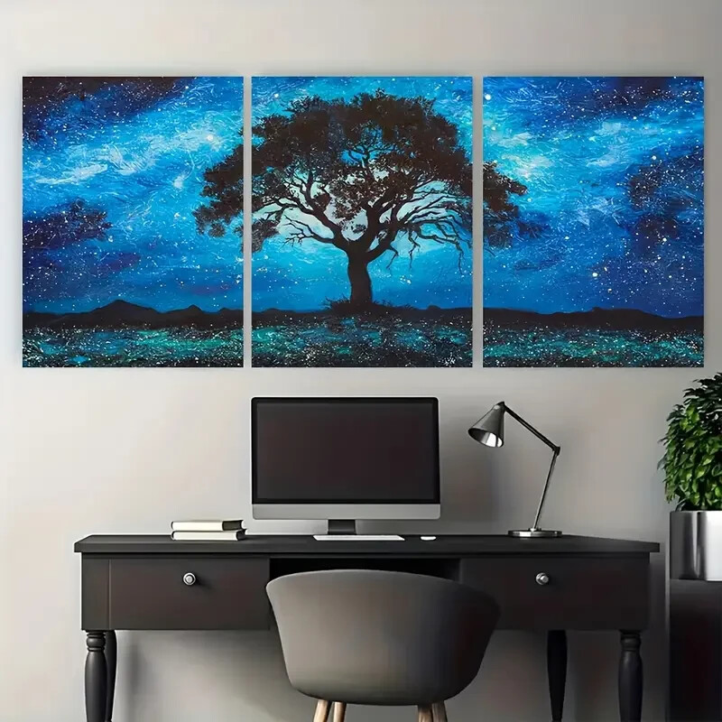 3pcs Lone Oak Tree Starry Blue Night Metal Print Ready to Hang Art