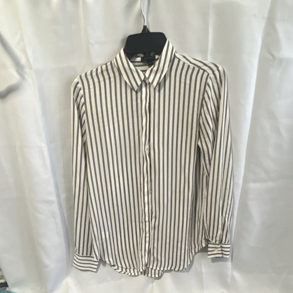 Ann Taylor Factory White Black Striped Collared Button-Up Blouse Long Sleeve XS