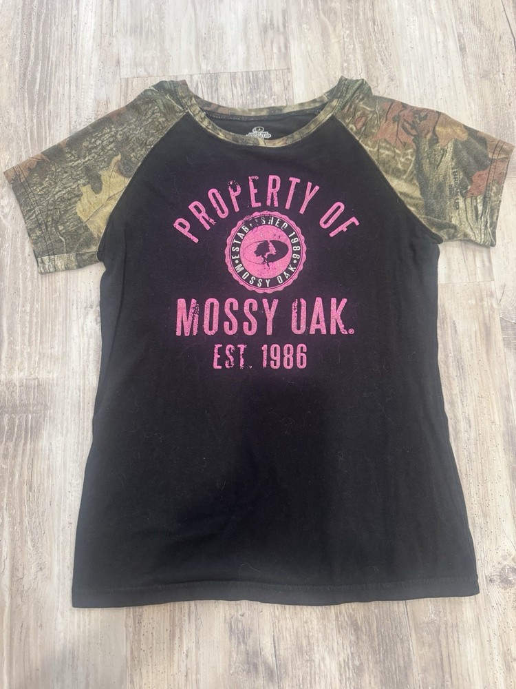 Mossy Oak Women’s Small T-Shirt Glitter Pink Logo Camo Short Sleeve