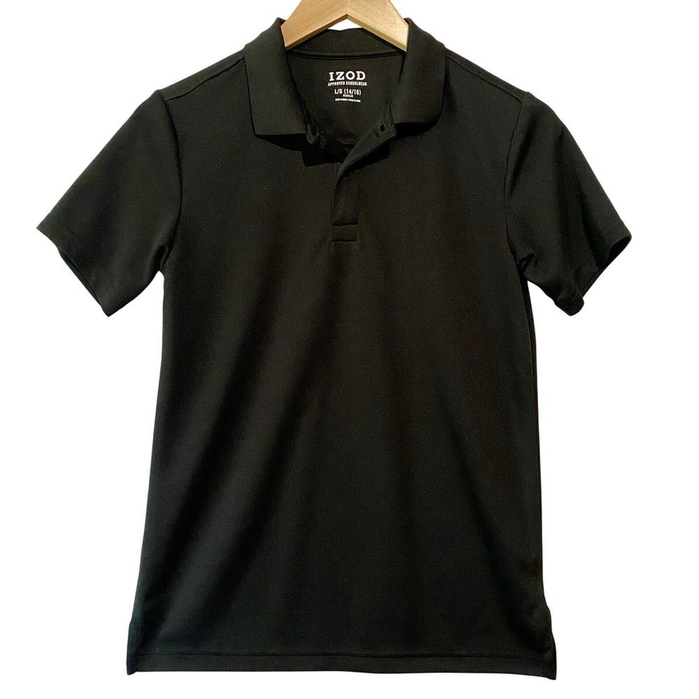 Boys Izod Shirt Uniform Polo Size L (14/16) Black Short Sleeve