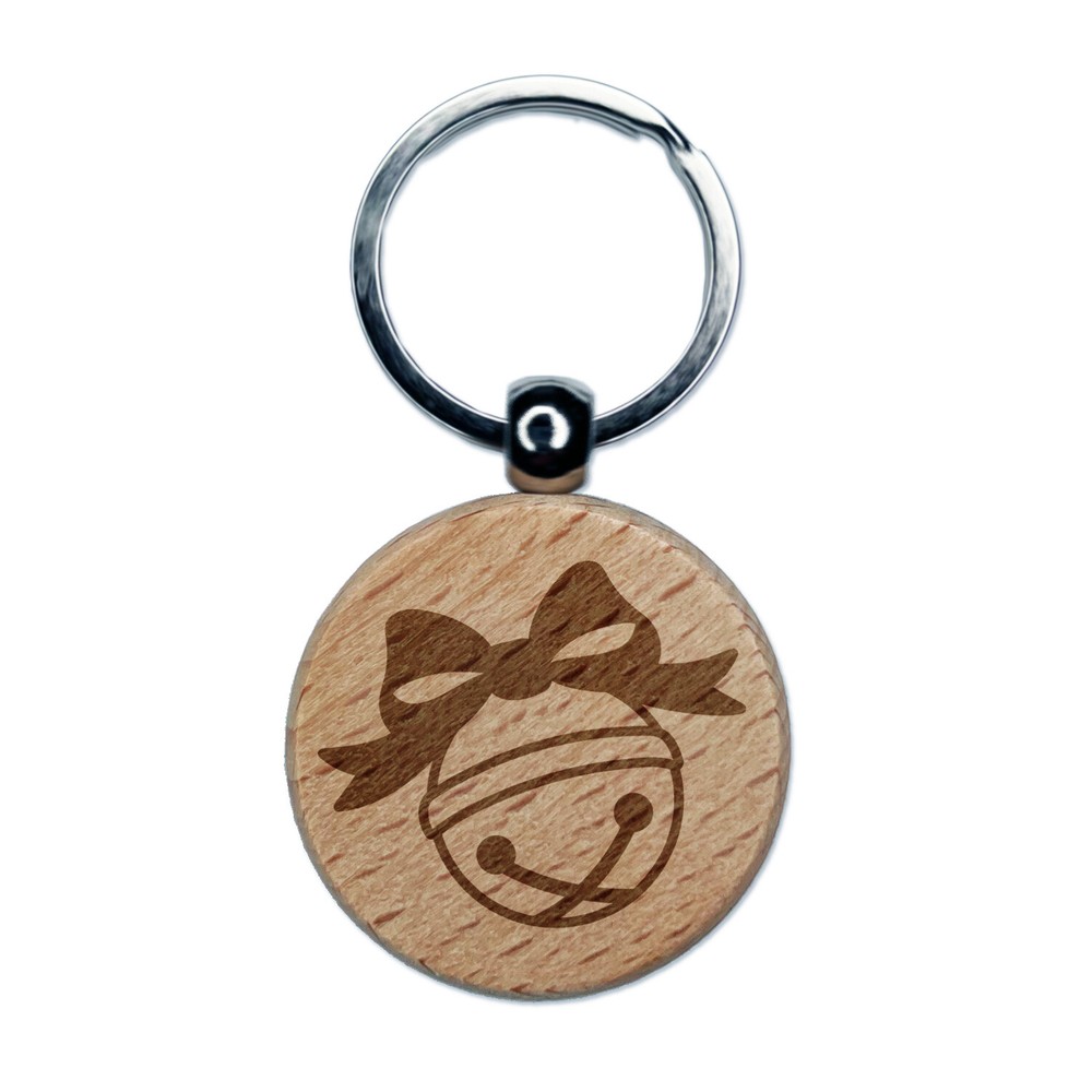 Jingle Bell Christmas Wooden Round Keychain Charm with Engraving